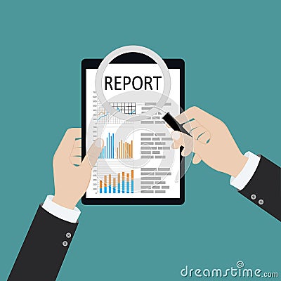 Man with magnifying glass analyzes report, paper document with graphs and diagrams. Research, planning, analysis. Desk, calculator Vector Illustration