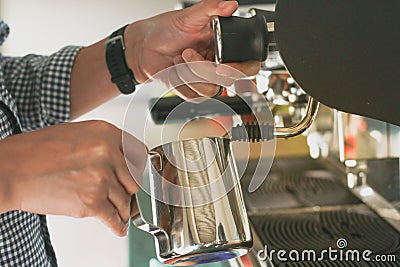 Man make coffee with coffee machine. Stock Photo