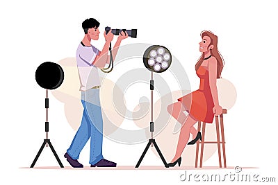 Man make photo of woman photographer photographing Vector Illustration