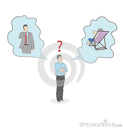 A man makes a choice between rest and work. vector illustration. Vector Illustration