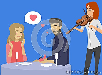 Man makes marriage proposal to girl in restaurant. Couple on date listens to live violinist music Vector Illustration