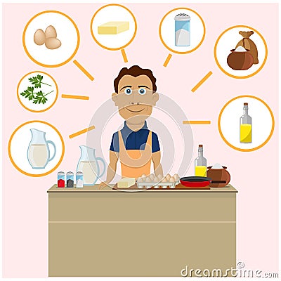 Vector illustration on the theme of cooking. Stay home. A man makes an omelet. Vector Illustration