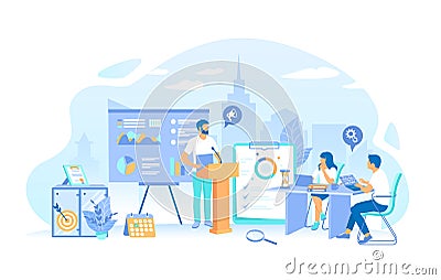 Man makes a report in front of a team. Business data reporting, consulting, analytics, credit report, accounting. Working process, Vector Illustration