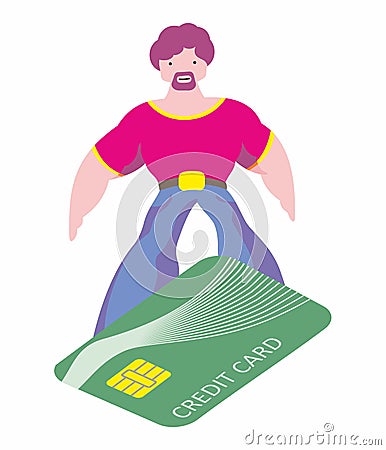 Man makes shopping easily. Surfing on a Credit Card, convenient payment concentration. Pleasure of purchase. Vector Illustration