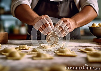 Man making fresh vegetarian ravioli pasta on kitchen table with flour.Macro.AI Generative Stock Photo