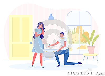 Man Making Marriage Proposal to Woman in Room. Vector Illustration