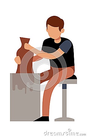 Man making pots with clay. Male character handcrafted ceramic vase in pottery studio, talent sculptor creative Vector Illustration