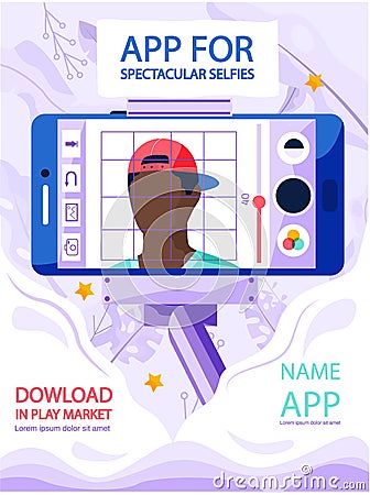Man making selfie with monopod phone and adding filters. App for spectacular selfies concept poster Vector Illustration