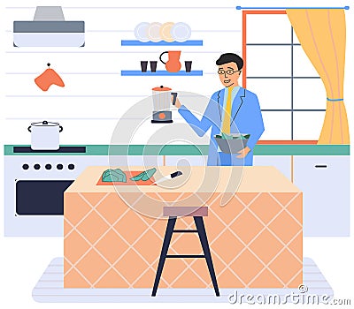 Man making smoothie or cocktail, preparing vegetarian food on kitchen table. Home cooking Vector Illustration