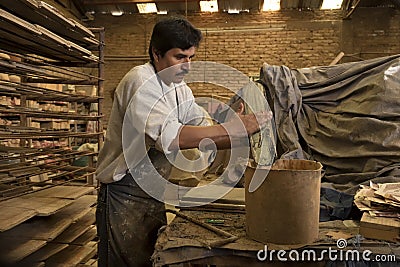 Man Making Terra Cotta Tiles, Tecate, Mexico Editorial Stock Photo