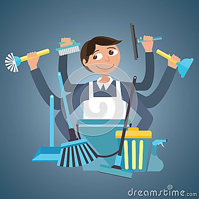 Man male cleaning service house office cleaner tools wipe garbage container janitor brush spray Vector Illustration