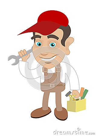 Man manual worker holding a wrench and tool box Stock Photo