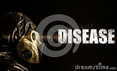 Man in mask with disease word near him. Epidemic virus. Dangerous flu strain cases. Pandemic disease. Health problem concept Stock Photo