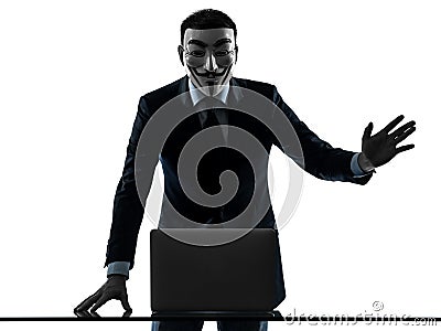 Man masked anonymous group member computing computer saluting si Editorial Stock Photo