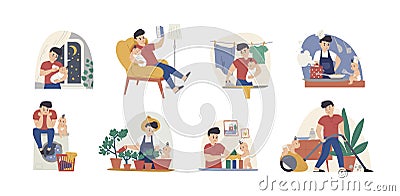 Man at maternity leave flat vector illustrations set. Single father with infant cartoon characters pack. Fatherhood Vector Illustration