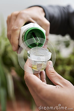 Man measuring a dose of liquid fertilizer Stock Photo