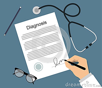 Man in medical form signs the diagnosis documen Vector Illustration