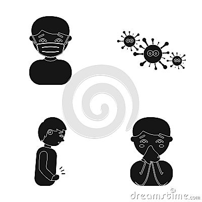 A man in a medical mask, a man who has a stomachache, a boy with a handkerchief, viruses, germs, bacteria. Sick set Vector Illustration