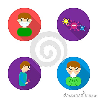 A man in a medical mask, a man who has a stomachache, a boy with a handkerchief, viruses, germs, bacteria. Sick set Vector Illustration