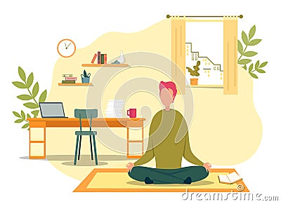 Man Meditate Sitting in Lotus Position on Floor Vector Illustration