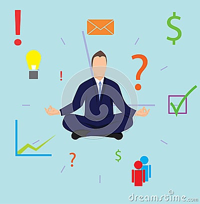 Man meditating in front of clocks to improve his time management Vector Illustration