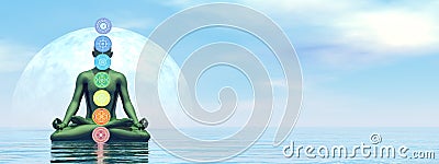 Man meditating upon the ocean and chakra colors - 3D render Stock Photo