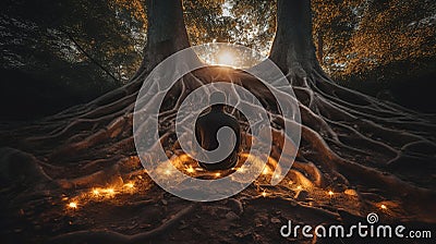 Man meditating and praying in an ancient forest, sitting among trees with strong roots, connecting to the Earth. Generative AI Stock Photo