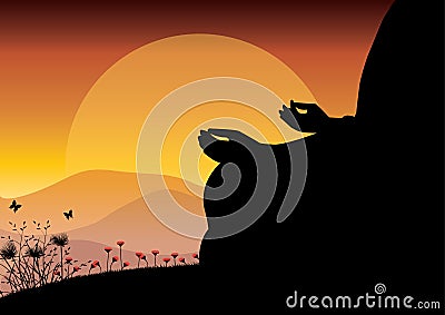 Man meditating in sitting yoga position on the top of a mountains above clouds at sunset. Zen, meditation, peace, Vector illustrat Vector Illustration