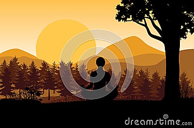 Man meditating in sitting yoga position on the top of a mountains above clouds at sunset. Zen, meditation, peace, Vector illustrat Vector Illustration