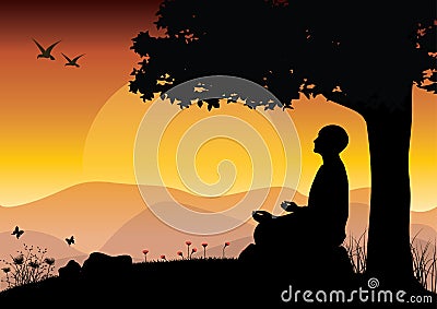 Man meditating in sitting yoga position on the top of a mountains above clouds at sunset. Zen, meditation, peace, Vector Vector Illustration