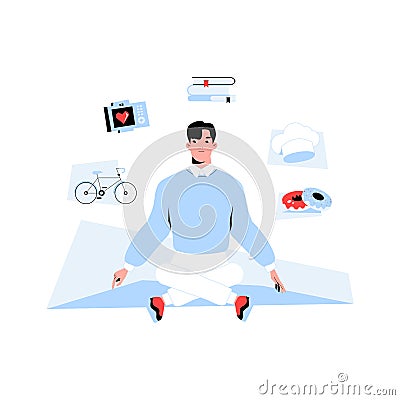 Man Meditating With Various Objects Around Symbolizing Hobbies And Interests In Flat Vector Illustration, Isolated On Vector Illustration