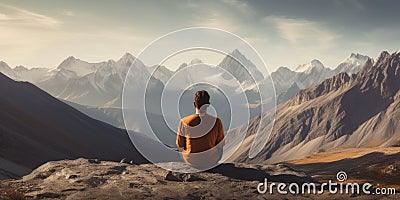 Man meditating yoga at mountains landscape. Travel Lifestyle relaxation emotional concept adventure summer vacations outdoor Stock Photo