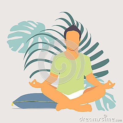 Man meditating yoga in nature and leaves Stock Photo