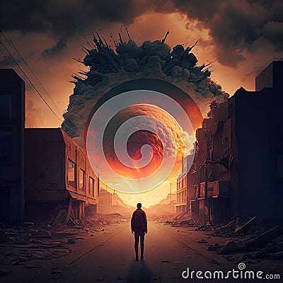 Man meets the apocalypse face to face High quality AI illustration Cartoon Illustration