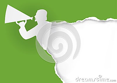 Man with megaphone ripping green paper. Vector Illustration