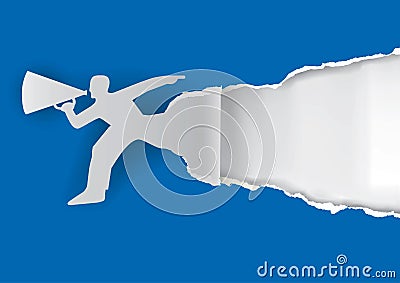 Man with megaphone ripping paper Vector Illustration