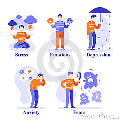 Man with mental problems, psychological situations, psychology help, emotional development Vector Illustration