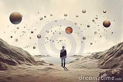 Man in metaverse looking at our digitally generated solar system. Generative ai image. Stock Photo