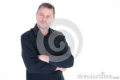 Man middle aged standing on white background handsome guy in black shirt Stock Photo