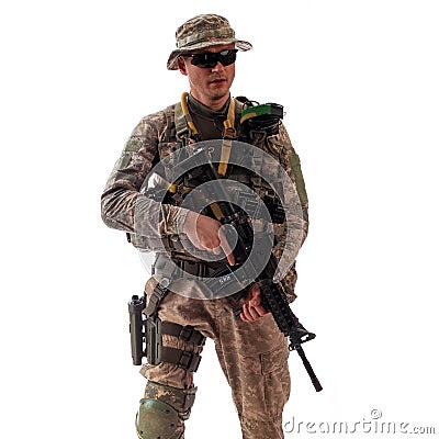 Man in military outfit of the American trooper in modern times Stock Photo