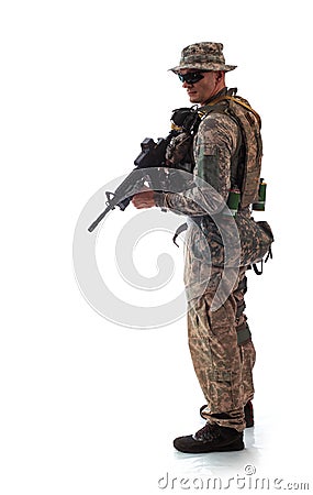 Man in military outfit of the American trooper in modern times Stock Photo