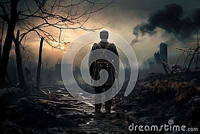 Man in military uniform standing in the middle of the forest and looking at the destroyed city, A soldier standing alone after the Stock Photo