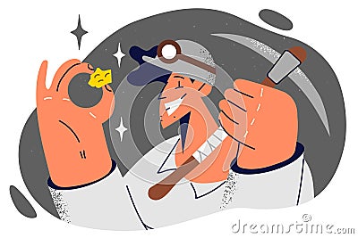 Man miner holds gold nugget rejoices in long-awaited extraction of precious metal underground Vector Illustration