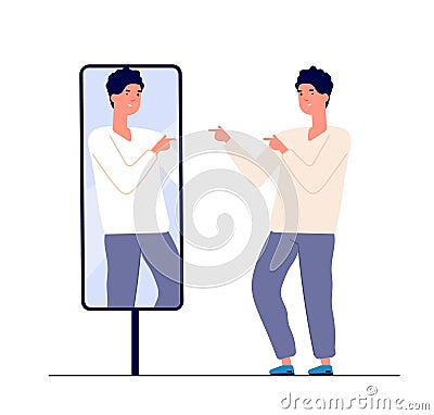 Man at mirror. guy self looking reflection, love of self. narcissism and vanity. egotism mirrored vector concept Vector Illustration