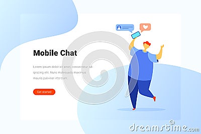 Man with Mobile phone Smartphone Chat Flat vector illustration. Landing Page design template Vector Illustration