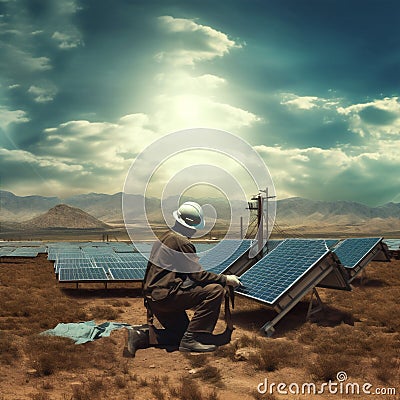 technician man technology solar installing photovoltaic panel construction electricity energy engineer. Generative AI. Stock Photo