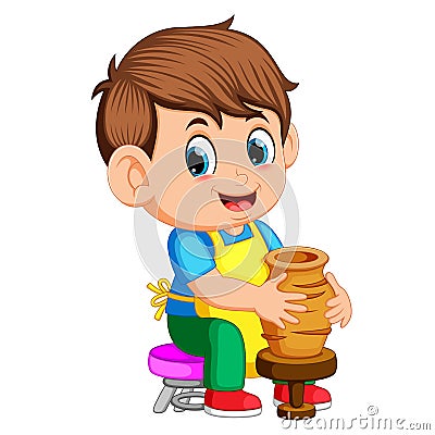 A man molding a vase of clay on a potter`s wheel in a pottery workshop Vector Illustration