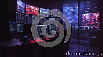 A man monitoring multiple computer screens in a modern high-tech control room with neon lighting and futuristic cityscape Stock Photo