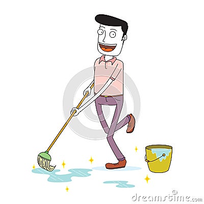 Man mopping the floor happily Vector Illustration