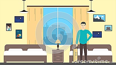 Man in motel room. Vector Illustration